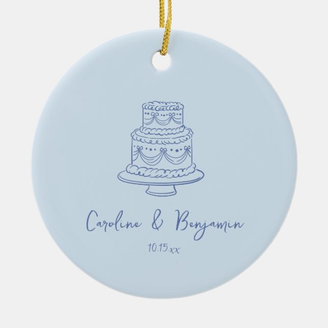 Custom Handwritten Cool Blue Doodle Wedding Cake Julgransprydnad Keramik (Framsidan)