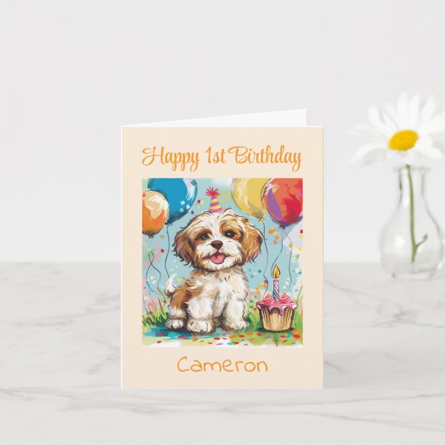 Custom Happy 1st Birthday Congratulations, Puppy  Kort (Liten växt)