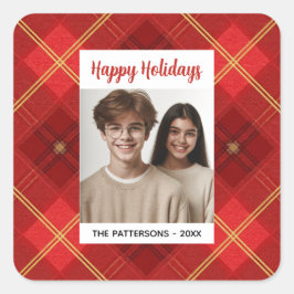 Custom Happy Holidays Fun Plaid Red Green Photo Fyrkantigt Klistermärke