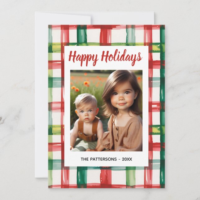 Custom Happy Holidays Fun Plaid Red Green Photo Julkort (Framsida)