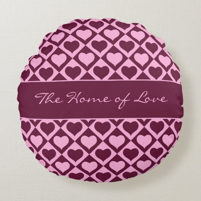 Custom Heart Checkerboard Pattern Bordeaux Pink -  Rund Kudde (Framsidan)