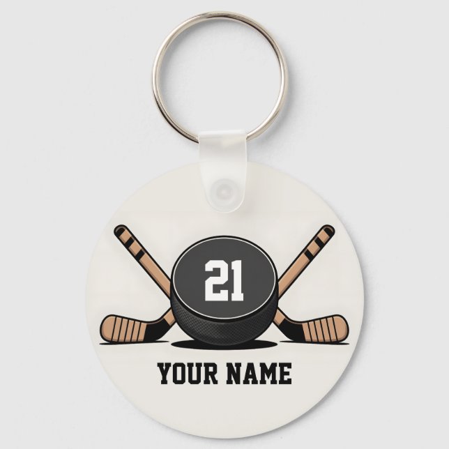 Custom Hockey Puck and Sticks Keychain Nyckelring (Framsida)
