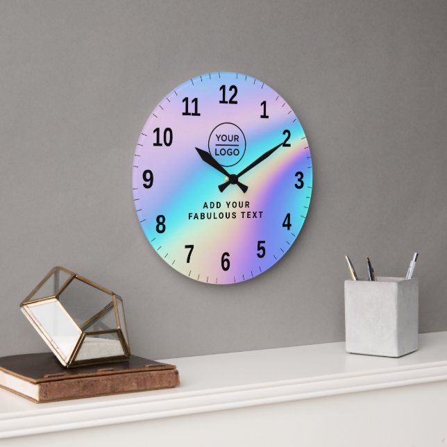 Custom Holographic Rainbow Cute Logo and Text Stor Klocka (Kontor)