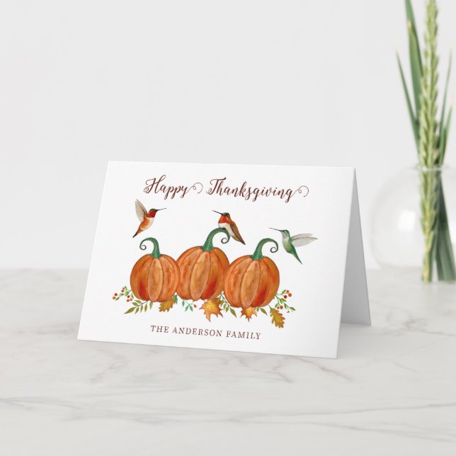 Custom Hummingbirds and Pumpkins Thanksgiving Helgkort (Framsida)