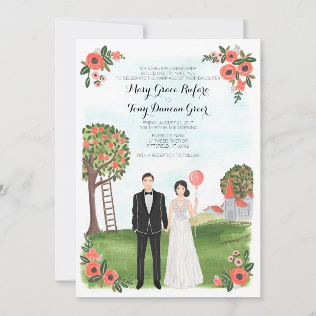 Custom Illustrated Couple Portrait Farm Wedding Inbjudningar (Framsida)