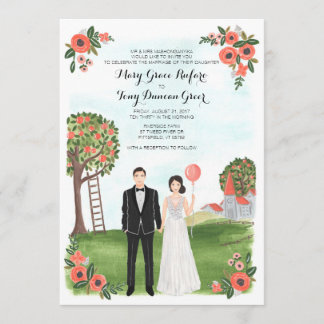 Custom Illustrated Couple Portrait Farm Wedding Inbjudningar