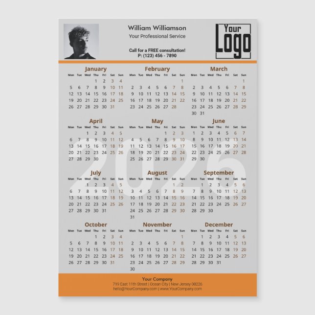 Custom Image Logo Gray Orange 2026 Calendar Magnet (Framsida)