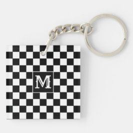 Custom Initial, Black White Checkered Keychain