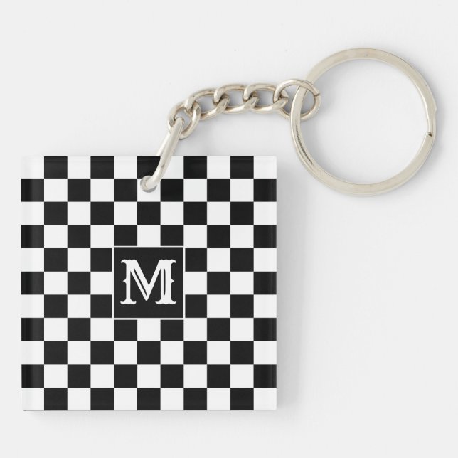 Custom Initial, Black White Checkered Keychain (Baksidan)