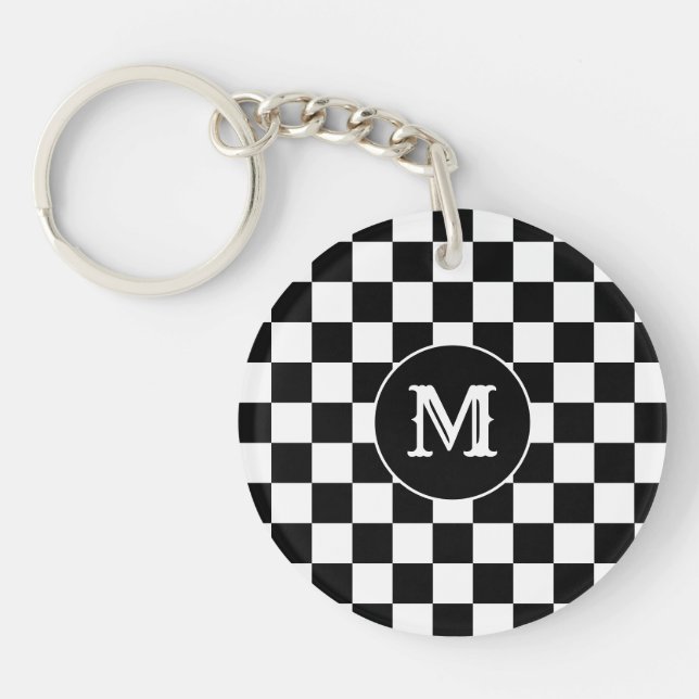 Custom Initial, Black White Checkered Keychain (Framsidan)