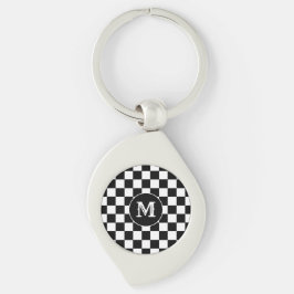Custom Initial, Black White Checkered Keychain Swirl Silverfärgad Nyckelring