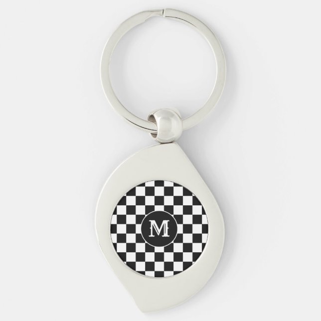 Custom Initial, Black White Checkered Keychain Swirl Silverfärgad Nyckelring (Framsidan)