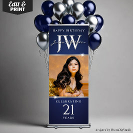 Custom Initials 21st Birthday Decor Blue Silver