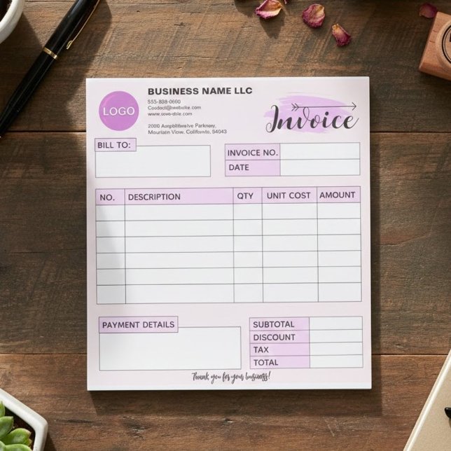 Custom invoice Form with Logo, Pink Small Business Anteckningsblock (aesthetic invoice template pink, girly business supplies, custom logo receipt tracker)