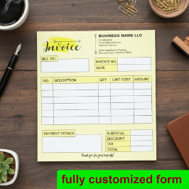 Custom Invoice Receipt, Yellow Small Business Name Anteckningsblock
