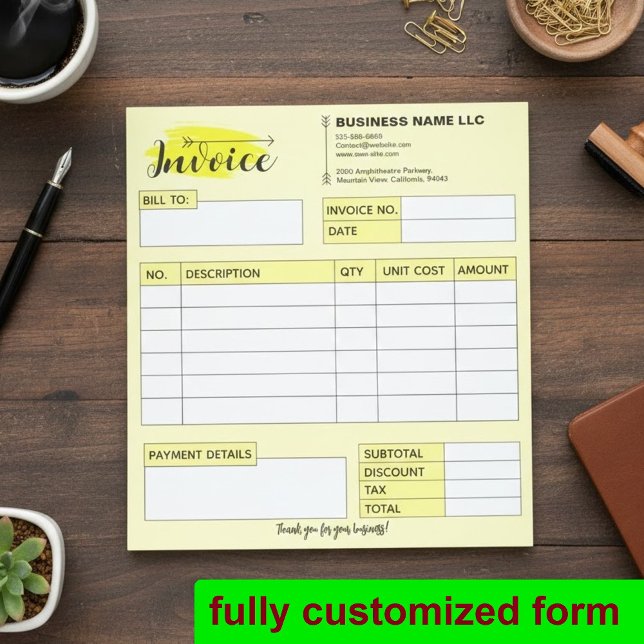 Custom Invoice Receipt, Yellow Small Business Name Anteckningsblock (professional sales book, custom business forms, yellow invoice pad)