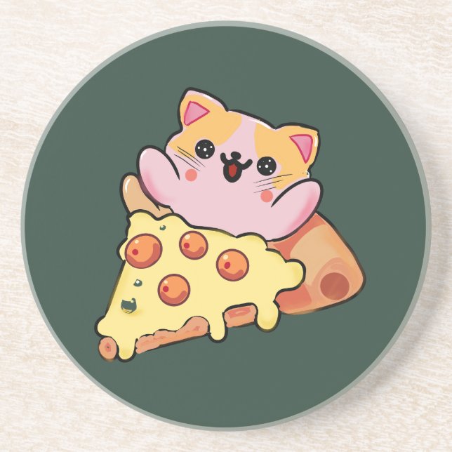 Custom Kawaii Cat Hugging Pepperoni Pizza Cartoon Underlägg (Framsidan)
