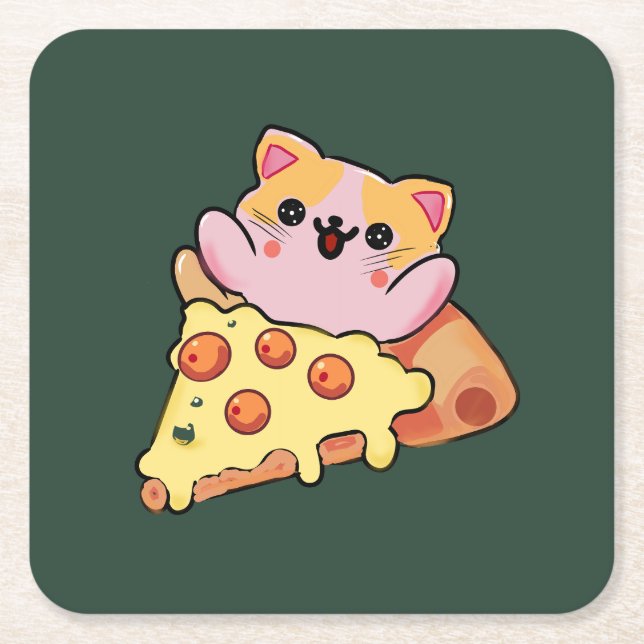 Custom Kawaii Cat Hugging Pepperoni Pizza Cartoon Underlägg Papper Kvadrat (Framsidan)