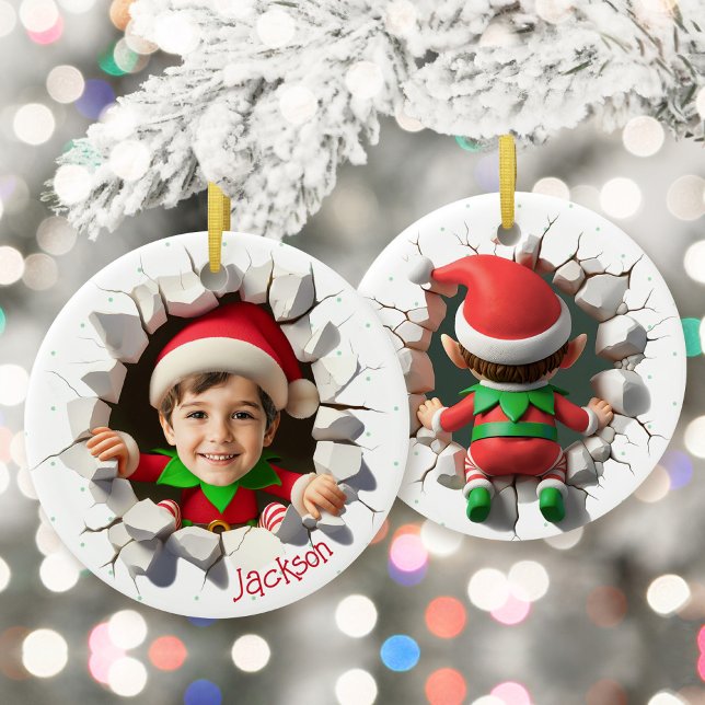 Custom Kids Face Photo Funny Christmas Elf Name Julgransprydnad Keramik (Funny custom kids face photo crashing Christmas elf personalized name keepsake holiday ornament gift)