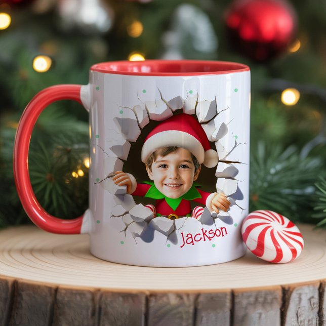 Custom Kids Face Photo Funny Christmas Elf Name Mugg (Fun Christmas photo mug cups for kids with funny personalized face head and name holiday gift)