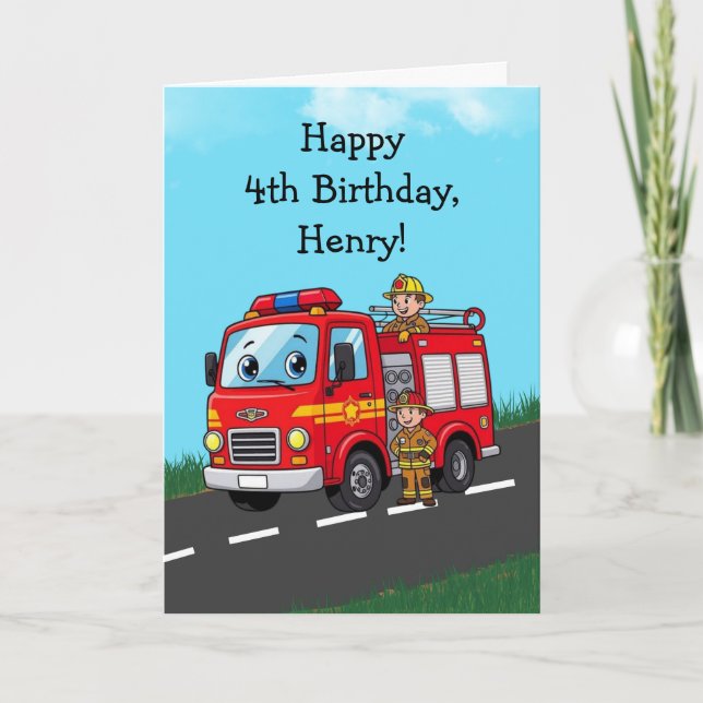Custom Kid's Fire Truck Birthday Party Kort (Framsida)