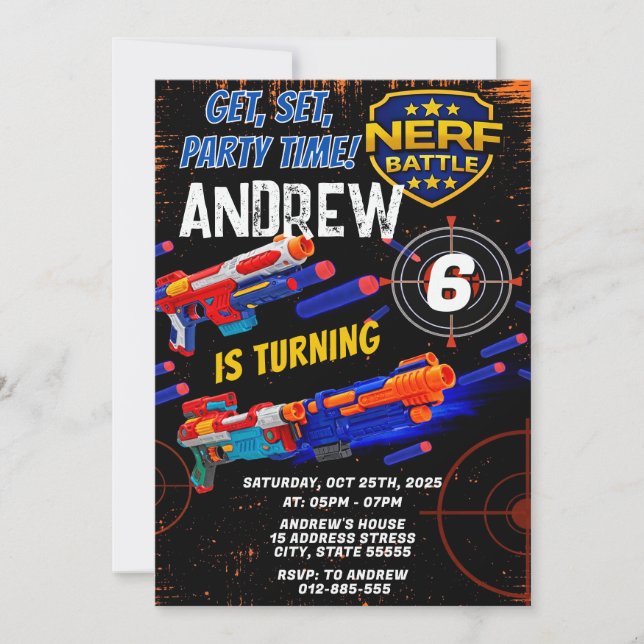 Custom Kids Nerf Birthday Invitation Inbjudningar (Framsida)