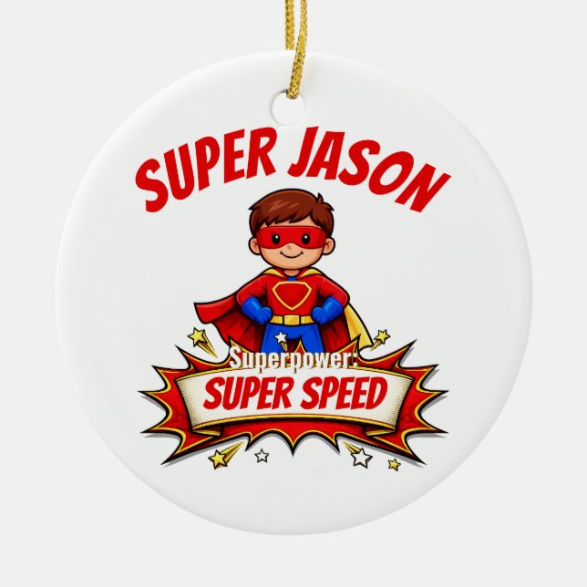 Custom Kids Superhero Name Julgransprydnad Keramik (Framsidan)