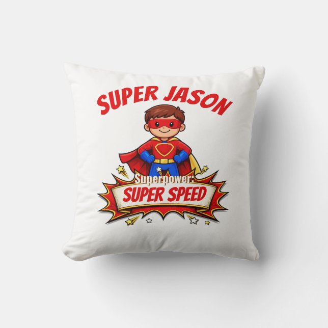 Custom Kids Superhero Name & Superpower Kudde (Framsida)
