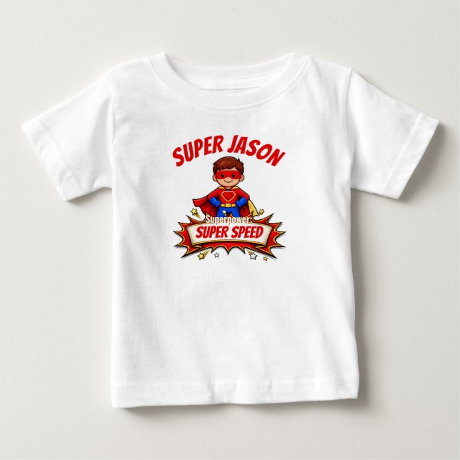 Custom Kids Superhero Name & Superpower T-Shirt (Framsida)