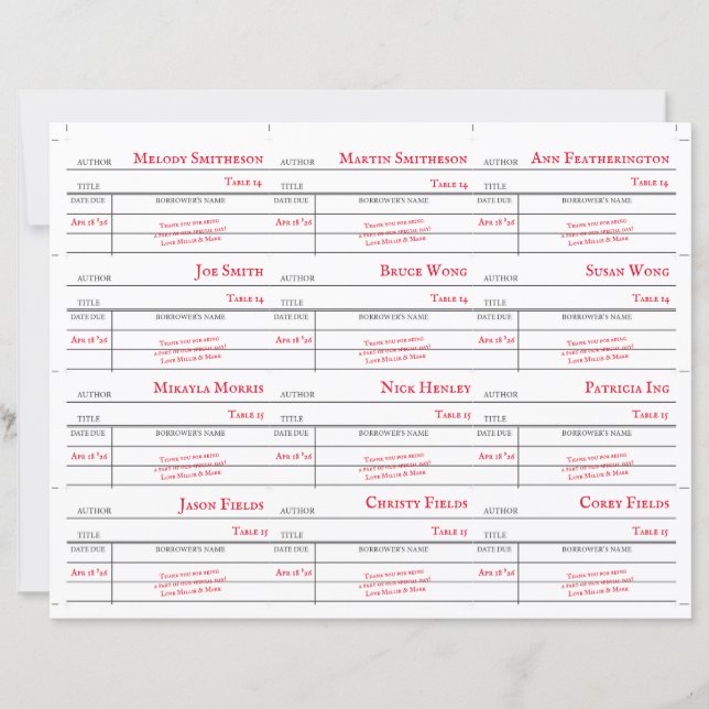 Custom Library Checkout Card Table Number Cards (Framsida)