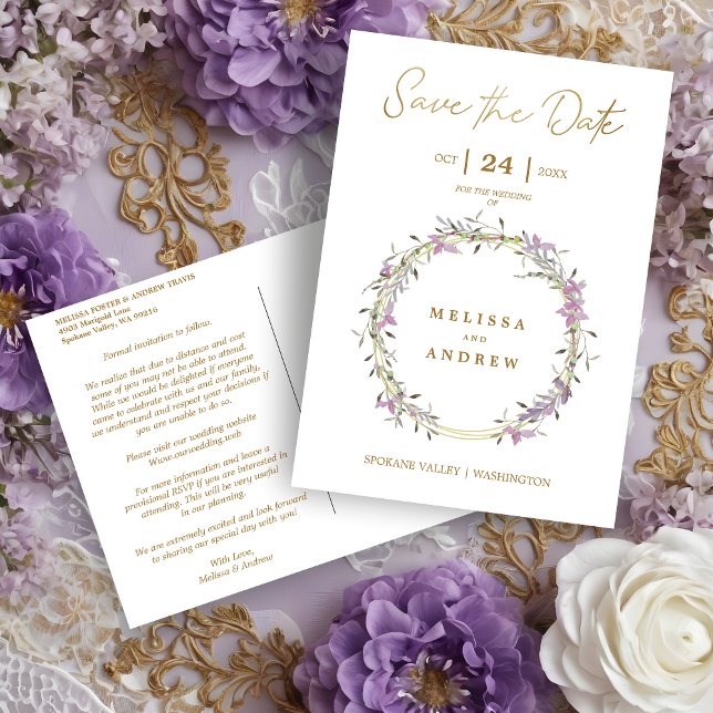 Custom Lilac Elegant Garland Wreath Wedding Meddelande Vykort (Custom Lilac Elegant Garland Wreath Wedding Save the Date Postcard.)