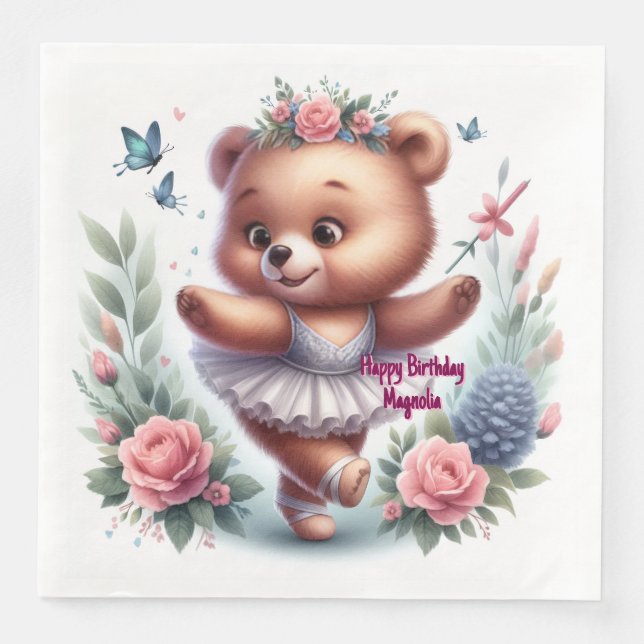 Custom Little Ballerina Bear Birthday Napkins Pappersservett (Framsida)