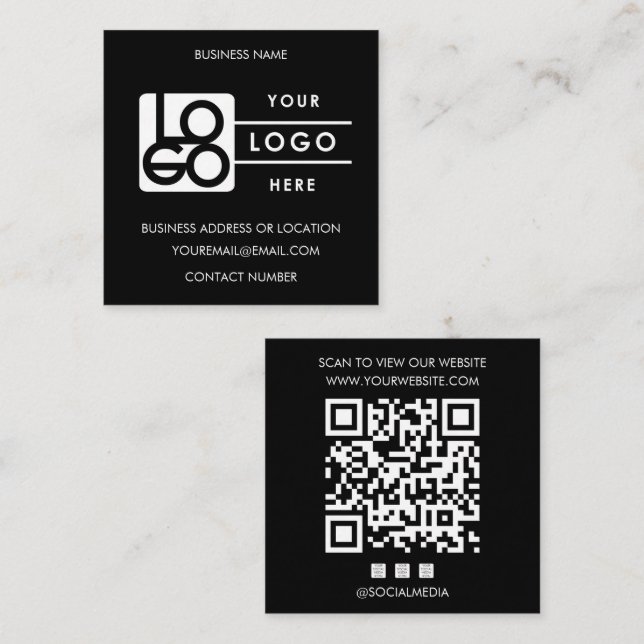 Custom Logo Black QR Code Website Social Media Fyrkantigt Visitkort (Fram/baksida)