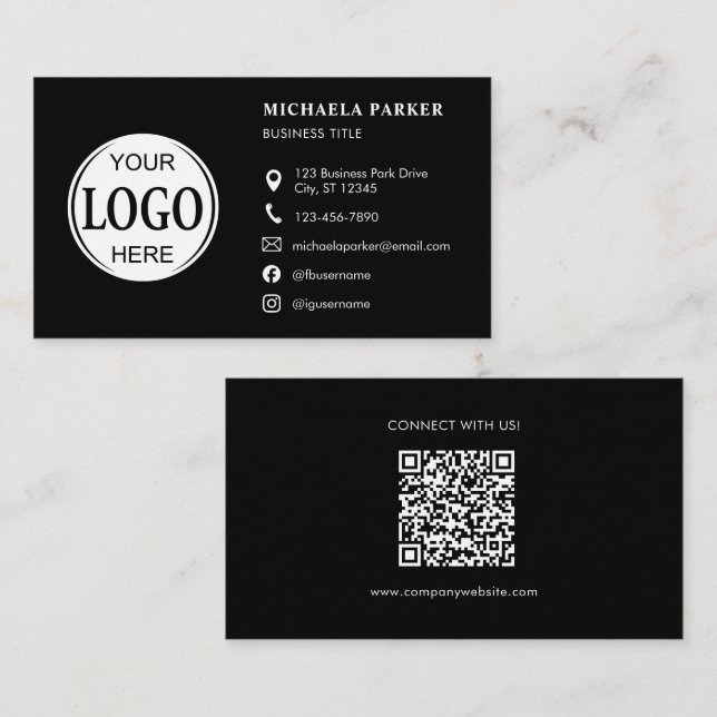 Custom Logo Icons Modern Black QR Code Visitkort (Fram/baksida)
