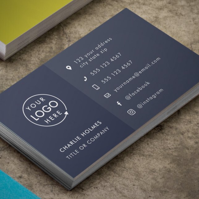 Custom Logo | Navy Blue Modern Icons Social Media Visitkort (Create a professional look with this horizontal navy blue business card design with your logo.)