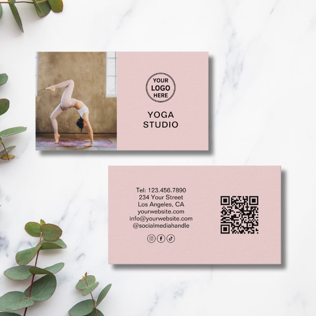 Custom Logo Photo QR Yoga Instructor Teacher Pink Visitkort (Custom Logo Photo QR Yoga Instructor Teacher Pink Business Card)