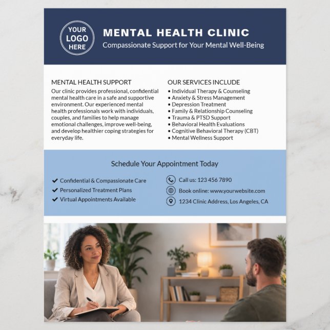 Custom Logo QR Mental Health Clinic Reklamblad (Framsidan)