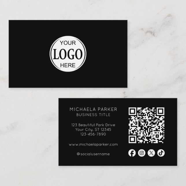 Custom Logo Social Icon QR Code Professional Black Visitkort (Fram/baksida)