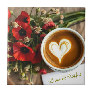 Custom Love & Coffee Cup with White Foam Heart Kakelplatta
