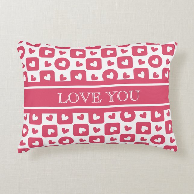 Custom "Love You" Pink Checkered Heart Prydnadskudde (Framsidan)