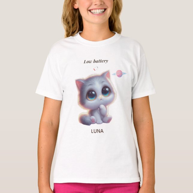 Custom Low Battery Cat T-Shirt (Framsida)