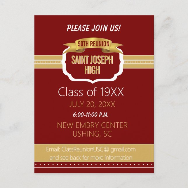 Custom Maroon 50th Class Reunion Invite Vykort (Framsida)