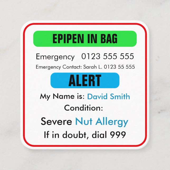 Custom Medical Alert EpiPen Card  Fyrkantigt Visitkort (Framsida)