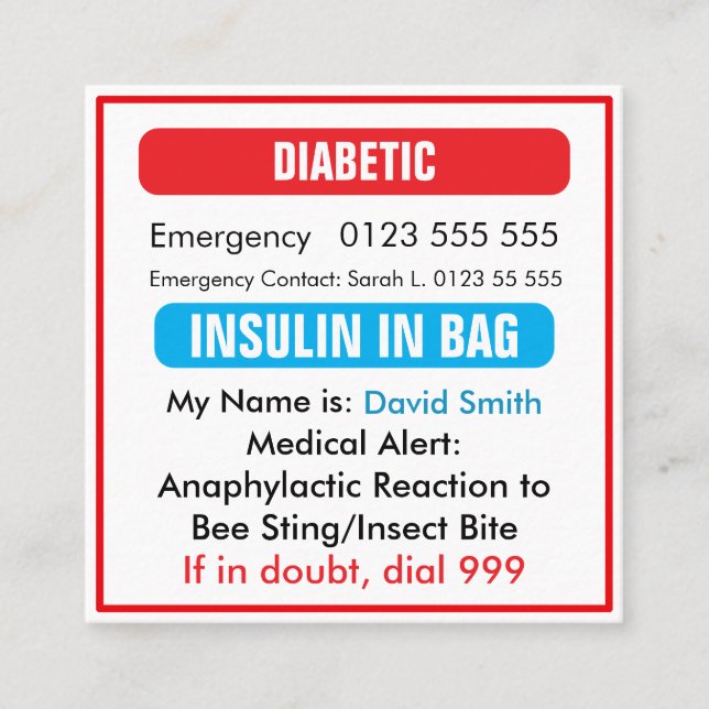 Custom Medical Alert Red Diabetic Card  Fyrkantigt Visitkort (Framsida)