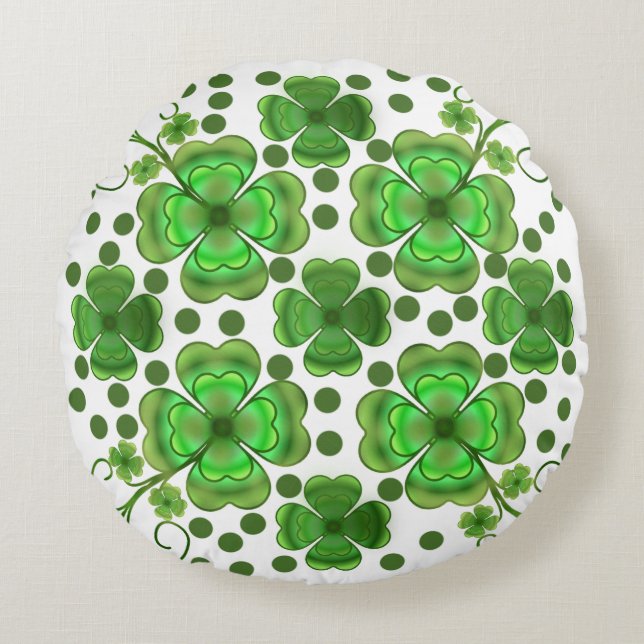 Custom Metallic Green Clover & Swirl Pattern  Rund Kudde (Framsidan)
