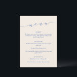 Custom Minimalist Classic Blue Wedding Dinner Meny<br><div class="desc">This wedding menu sign features refined script lettering paired with classic serif typography in blue on a champagne background for a timeless, elevated look. The minimalist layout highlights each course clearly while adding a sophisticated design element to your reception space. Ideal for modern and stylish weddings, it complements elegant table...</div>