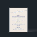 Custom Minimalist Classic Blue Wedding Dinner Meny<br><div class="desc">This wedding menu sign features refined script lettering paired with classic serif typography in blue on a champagne background for a timeless, elevated look. The minimalist layout highlights each course clearly while adding a sophisticated design element to your reception space. Ideal for modern and stylish weddings, it complements elegant table...</div>