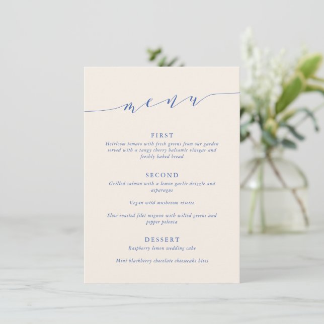 Custom Minimalist Classic Blue Wedding Dinner Meny (Stående Fram)
