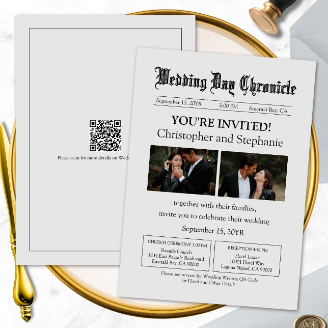 Custom Minimalist Modern Script Newspaper Wedding Inbjudningar (Customizable QR code Stylish Script Gray Newspaper Wedding Invitation)