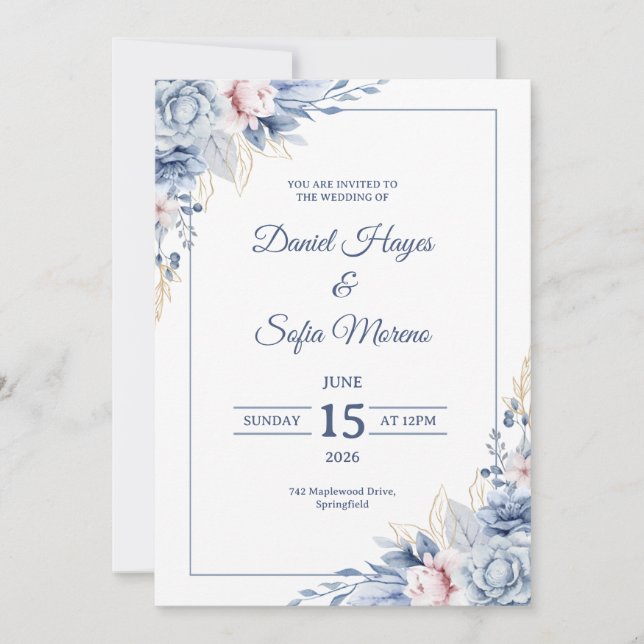 Custom Modern Blue Wedding Invitation Inbjudningar (Framsida)